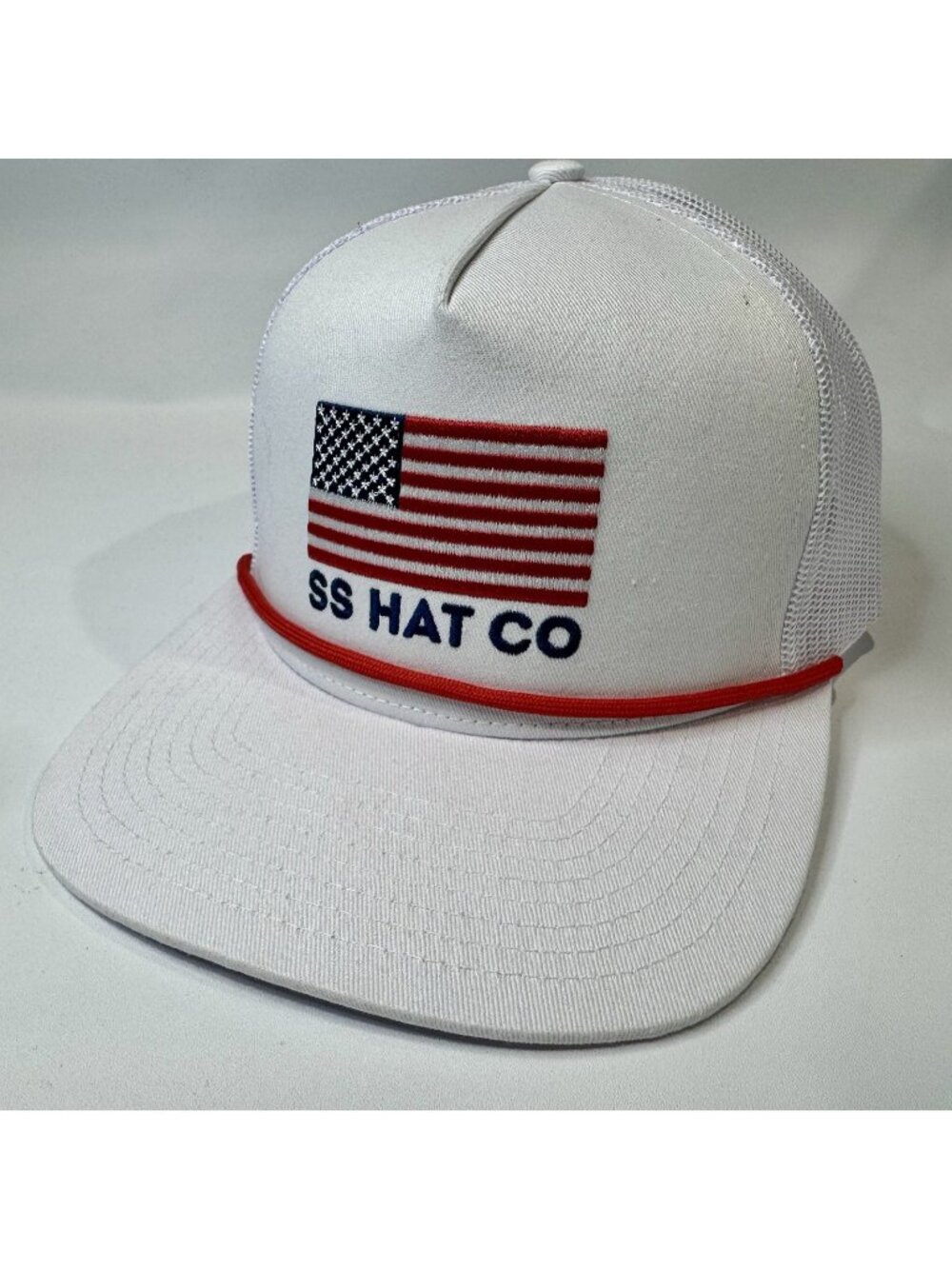 Southern String Hat Co June 2025 USA Flag White Rope Trucker Snapback Hat